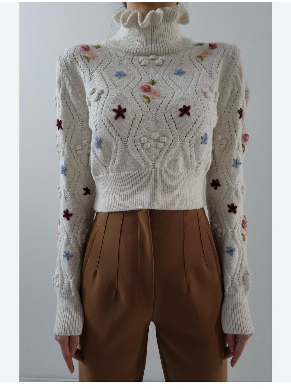 The Ecru Embroidered Ruffle Neck Crop Sweater-Robin -Made in Turkey -Cream Multi